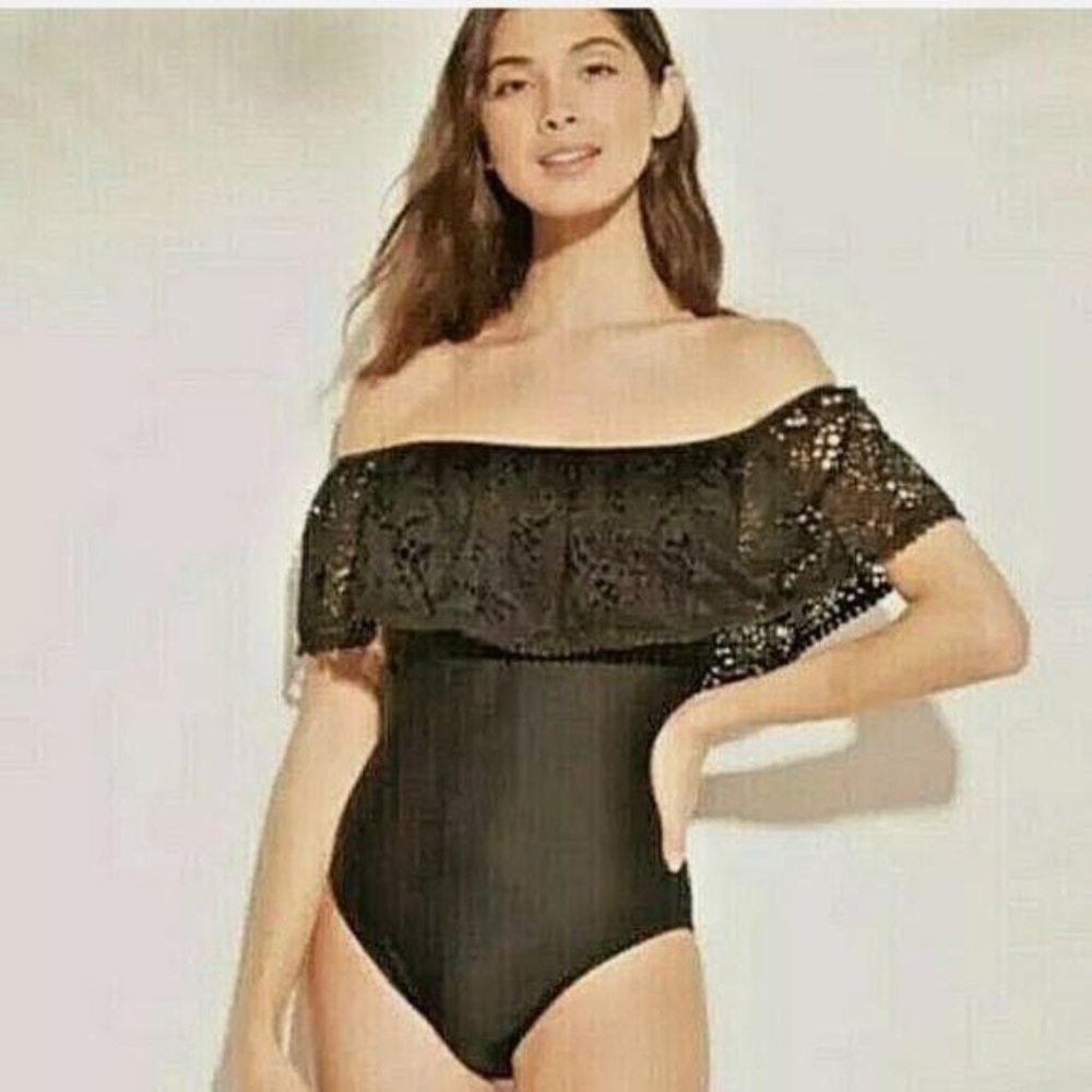 Shade & Shore Black Off-Shoulder Lace Ruffle One-Piece Swimsuit